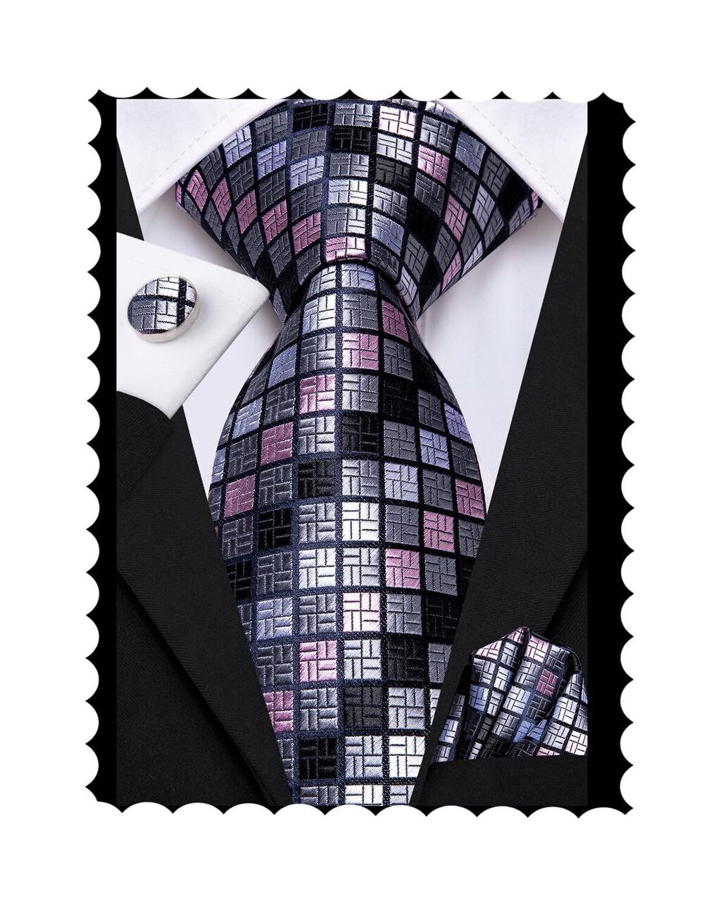 6506 Pink Siver Extra Long Ties Silk 63'' Ties Set Necktie and Pocket